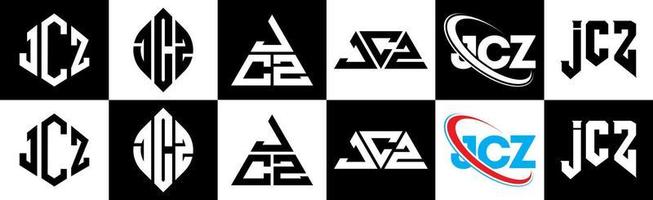 création de logo de lettre jcz en six styles. jcz polygone, cercle, triangle, hexagone, style plat et simple avec logo de lettre de variation de couleur noir et blanc dans un plan de travail. jcz logo minimaliste et classique vecteur