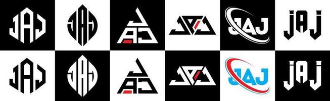 création de logo de lettre jaj en six styles. jaj polygone, cercle, triangle, hexagone, style plat et simple avec logo de lettre de variation de couleur noir et blanc dans un plan de travail. jaj logo minimaliste et classique vecteur