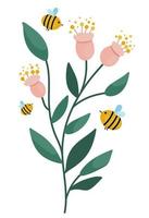 fleurs de vecteur avec des abeilles. illustration drôle avec des plantes pollinisatrices de bourdons. insectes de miel avec icône de verdure et de pollen.