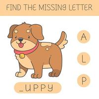 trouver la lettre manquante est un jeu éducatif pour les enfants avec un chien. chiot de dessin animé mignon. pratiquer l'alphabet anglais. illustration vectorielle. vecteur