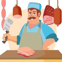vecteur de caractère de boucher. boucher professionnel classique avec couteau. pour steak, marché de la viande, concept publicitaire de magasin. illustration isolée de dessin animé.