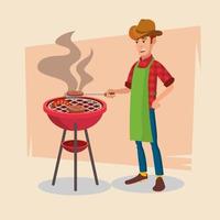 vecteur de fête barbecue. outils de barbecue, grill, fourchettes avec homme heureux. illustration de dessin animé plat