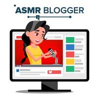 vecteur de canal de blogueur asmr. femme. effet relaxant. notion d'insomnie. blogueur de streamer vidéo populaire. illustration isolée