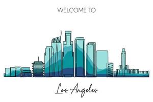 un dessin en ligne continu de l'horizon de la ville de los angeles. destination touristique de renommée mondiale. conception de style simple dessiné à la main pour la campagne de promotion des voyages et du tourisme vecteur