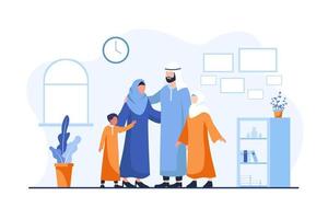 Une famille heureuse musulmane arabe se réunit dans le salon avec des enfants. illustration de vecteur de dessin animé. journée familiale, célébration. week-end en famille