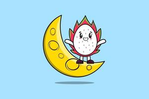 dessin animé fruit du dragon debout sur le croissant de lune vecteur