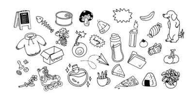 illustration vectorielle de doodle mignon pour enfant, ensemble dessiné à la main pour la décoration sur fond blanc, doodle drôle dessiné à la main, page à colorier. vecteur