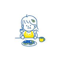 dessin animé mignon petite fille heureuse en train de manger. illustration vectorielle isolée sur fond. vecteur