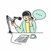 une jeune femme enregistre un podcast, une émission de radio en ligne. les gens avec des écouteurs parlent dans un microphone. le concept de podcasting, broadcast.outline doodle vecteur caractères isolés sur blanc