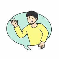 illustration du jeune homme avec un geste de salutation. l'homme dit bonjour et chat bulle. contour des caractères vectoriels de doodle isolés sur blanc vecteur