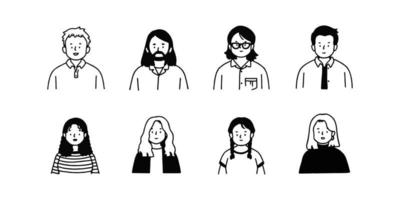 contour avatars profil défini employés de bureau, style d'icône dessiné à la main, vecteur de ligne plate.