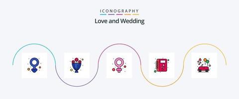 pack d'icônes plat 5 rempli de ligne de mariage, y compris la lune de miel. auto. pancarte. romance. agenda vecteur