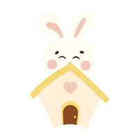 lapin mignon sur la construction de maisons, logo de maison de lapin pour concept vétérinaire pour animaux de compagnie vecteur