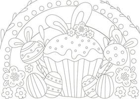 jolie page de coloriage pour les vacances de pâques avec cupcake et oeufs dans un style scandinave vecteur