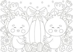 jolie page de coloriage pour les vacances de pâques avec des personnages de poussins tenant un oeuf avec des fleurs dans un style scandinave, jeu à imprimer pour les enfants vecteur