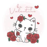 chat blanc kawaii mignon avec des fleurs de roses soit ma saint valentin, personnage de dessin animé d'animal de compagnie dessin à la main vecteur d'illustration