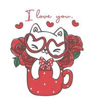 mignon kawaii heureux chat blanc souriant dans une tasse de fleurs de roses rouges, pour vous, personnage de dessin animé d'animal de compagnie dessin à la main illustration vecteur