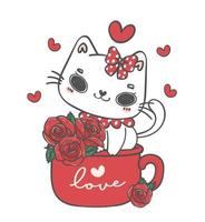 chat blanc kawaii mignon avec des fleurs de roses dans une tasse rouge, je t'aime, personnage de dessin animé d'animal de compagnie dessin à la main vecteur d'illustration