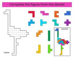 jeu de puzzle avec le héron. détails colorés pour les enfants. figure complète. jeu éducatif pour les enfants, activité de feuille de calcul préscolaire. puzzle. illustration vectorielle. vecteur