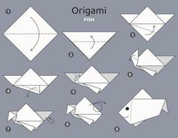 schéma d'origami de poisson tutoriel. éléments d'origami isolés sur fond gris. origami pour les enfants. étape par étape comment faire du poisson en origami. illustration vectorielle. vecteur