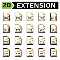 l'icône d'extension de fichier comprend cel, prj, adx, net, menc, pptx, ppt, t08, egp, met, twh, lix, dii, rte, hl, uwl, aby, dm2, fsc, ckt, vecteur