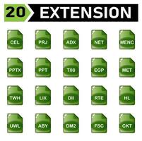 l'icône d'extension de fichier comprend cel, prj, adx, net, menc, pptx, ppt, t08, egp, met, twh, lix, dii, rte, hl, uwl, aby, dm2, fsc, ckt, vecteur