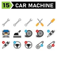 l'ensemble d'icônes de machine de voiture comprend des outils, un outil, une clé, un réglage, une voiture, un tournevis, un ascenseur, un service, un entretien, une automobile, un frein à main, un frein, un turbo, une machine, un moteur, accepter, cassé, une étincelle, une prise, un mécanicien vecteur