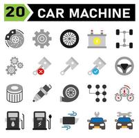 l'ensemble d'icônes de machine de voiture comprend le frein, le disque, les freins, l'automobile, le service, l'engrenage, la pièce, le réglage, le rouage, la roue dentée, la roue, les pneus, la voiture, l'assemblage, le pneu, la machine, la batterie, l'accumulateur, la réparation, le piston, les forces vecteur