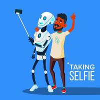 le robot prend un selfie sur un smartphone avec un vecteur de gars ami. illustration isolée