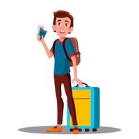 jeune mec cool et heureux à l'aéroport avec valise, passeport, vecteur de billets. illustration isolée