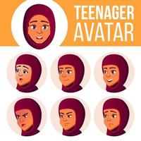 vecteur de jeu d'avatar adolescente. arabe, musulman. affronter les émotions. plat, portrait. mignon, comique, web. illustration de tête de dessin animé