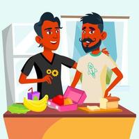 couple de jeunes gays adolescents cuisinant des aliments ensemble dans le vecteur de la cuisine. illustration isolée