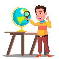 étudiant regardant à travers un globe de loupe, vecteur de cours de géographie. illustration isolée