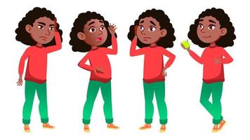 fille écolière kid pose set vector. noir. afro américain. enfant du secondaire. écolier. septembre, écoliers, ado. pour le web, l'affiche, la conception de brochures. illustration de dessin animé isolé vecteur