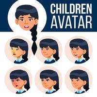 avatar de fille asiatique défini vecteur d'enfant. école primaire. affronter les émotions. utilisateur, personnage. enfants, positif. bande dessinée, web. illustration de tête de dessin animé