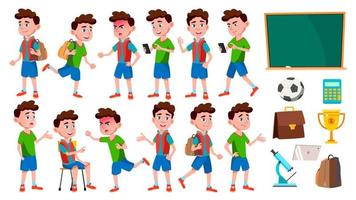 garçon écolier kid pose set vector. enfant de l'école primaire. enfant mignon. joie de bonheur. bravo, jolie. pour la présentation, l'impression, la conception d'invitations. illustration de dessin animé isolé vecteur