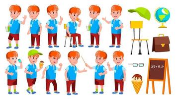 garçon écolier kid pose set vector. enfant de l'école primaire. beau gosse. alphabet. jeunesse, caucasien. pour carte, publicité, conception de voeux. illustration de dessin animé isolé vecteur