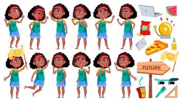 fille écolière pose set vector. noir. élève afro-américain. pour bannière, conception de présentation. illustration de dessin animé isolé vecteur