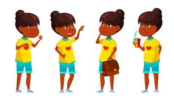 fille indienne kid pose set vector. enfant de l'école primaire. hindou. asiatique. connaissance, apprendre, leçon. pour la publicité, la pancarte, la conception d'impression. illustration de dessin animé isolé vecteur