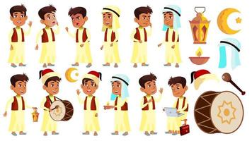 arabe, musulman garçon écolier kid pose set vector. enfant de l'école. célébrer le ramadan kareem. vie, émotionnel. pour la bannière, le dépliant, la conception de sites Web. illustration de dessin animé isolé vecteur