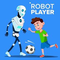 robot jouant au football avec un vecteur enfant garçon. illustration isolée