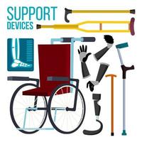 vecteur de périphériques de support. fauteuil roulant. prothèse d'amputation. illustration de dessin animé plat isolé
