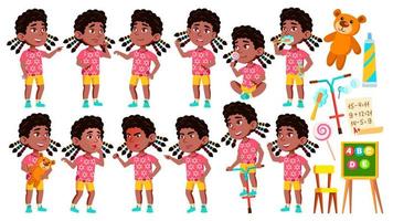 fille maternelle kid pose set vector. noir. afro américain. expression de l'enfant caucasien. activité. pour la bannière, le dépliant, la conception de sites Web. illustration de dessin animé isolé vecteur