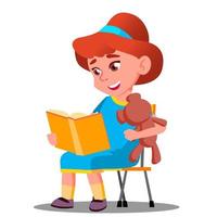 petite belle fille lisant un livre avec un vecteur de peluche. notion d'éducation. illustration isolée