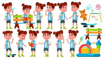 fille maternelle kid pose set vector. personnage d'enfants heureux. Baby-sitting. pour la publicité, les salutations, la conception d'annonces. illustration de dessin animé isolé vecteur