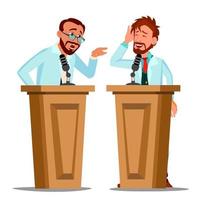 deux médecins parlants se disputent derrière la tribune avec microphone au vecteur de la conférence. illustration de dessin animé isolé
