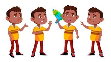 noir, afro-américain garçon maternelle kid pose set vector. préscolaire. jeune personne. de bonne humeur. pistolet à eau. pour le web, la brochure, la conception d'affiches. illustration de dessin animé isolé vecteur