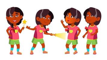 fille maternelle kid pose set vector. indien, hindou. Cour de récréation. enfance. le sourire. jouets. pour le web, l'affiche, la conception de brochures. illustration de dessin animé isolé vecteur