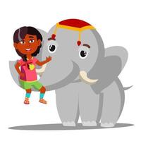 l'éléphant tient une petite fille indienne sur le vecteur du tronc. illustration isolée