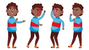 garçon écolier kid pose set vector. noir. afro américain. enfant du secondaire. caucasien, enfants, positif. pour carte postale, couverture, conception de pancarte. illustration de dessin animé isolé vecteur